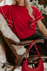 Ruffle Sleeve Pearl Embellished Knit Top OutfitFlow