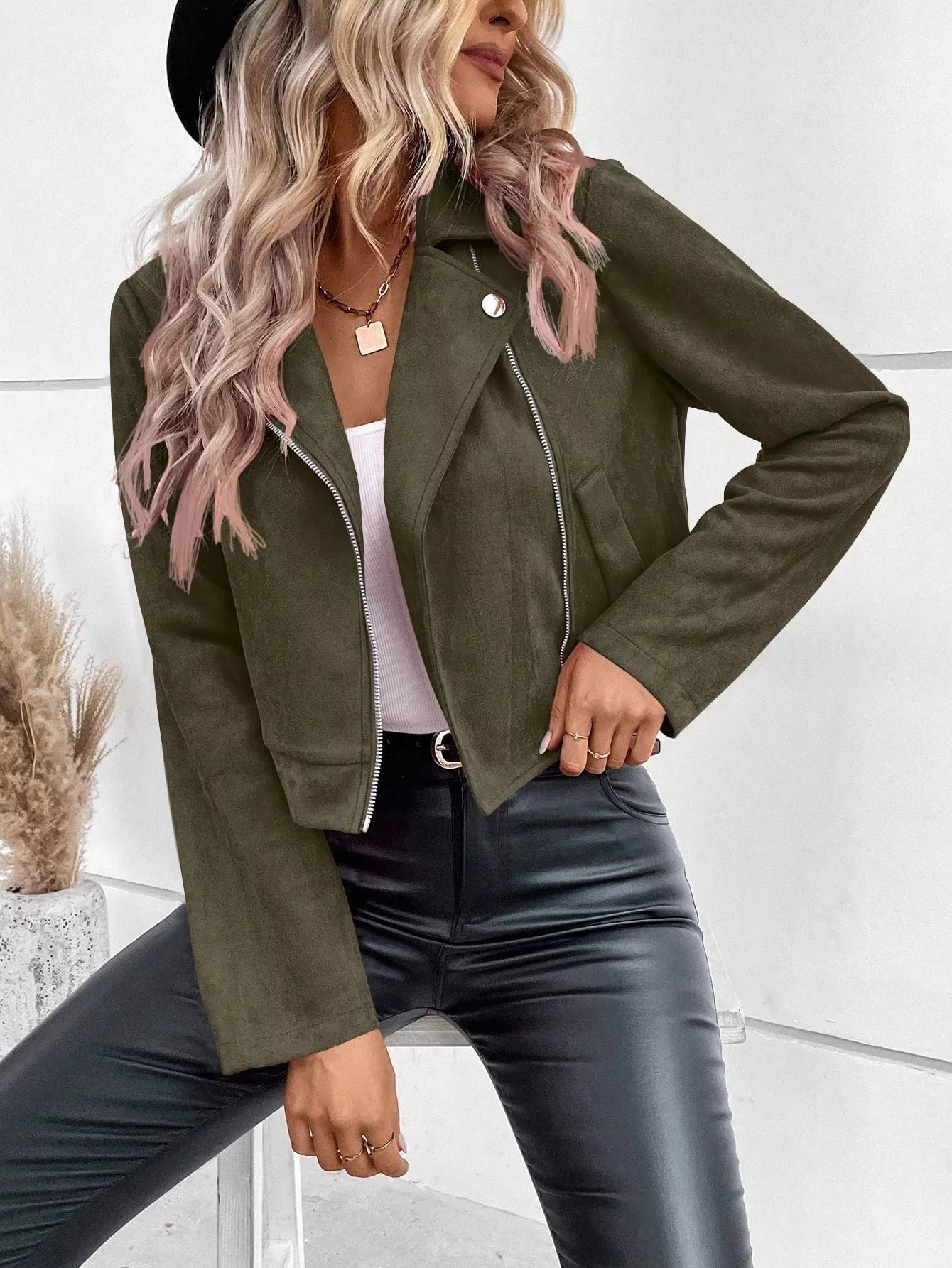Suede Moto Jacket with Zip Detail Trendsi
