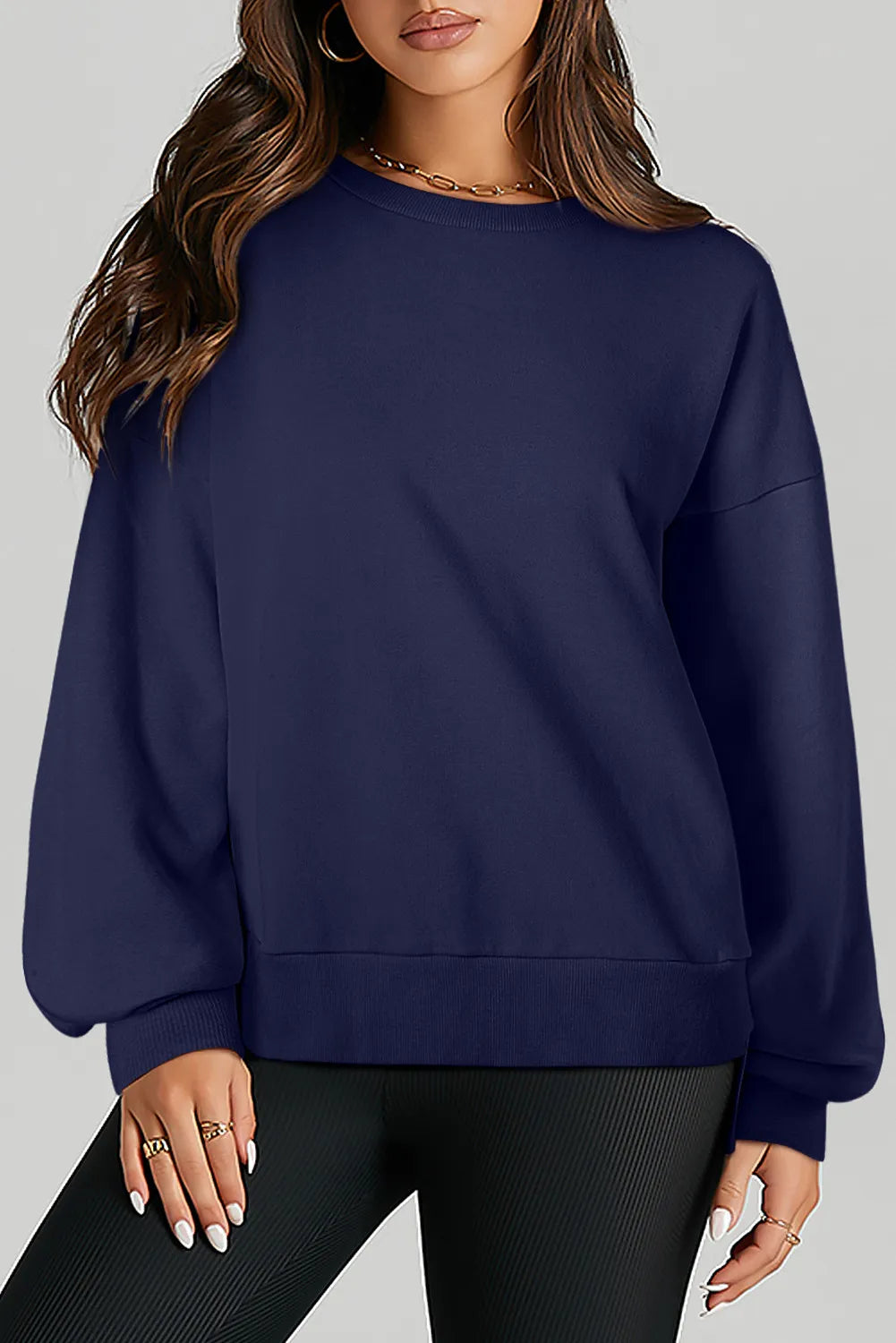High-Low Round Neck Long Sleeve Sweatshirt Dark Navy OutfitFlow