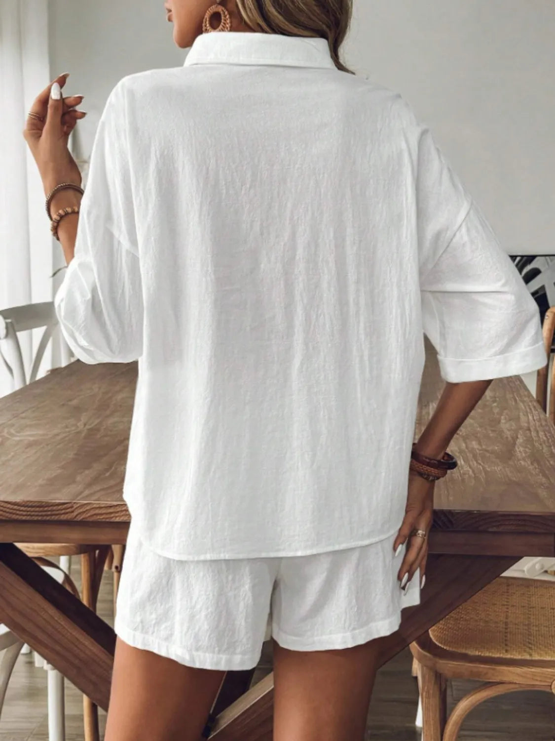 Collared Neck Half Sleeve Top and Shorts Set OutfitFlow