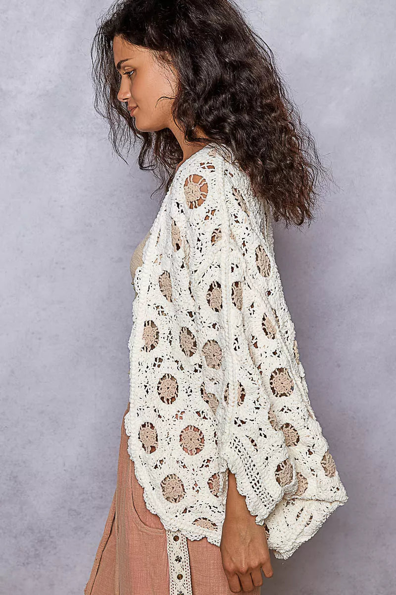 POL Openwork V-Neck Chenille Cardigan with Contrast Floral OutfitFlow