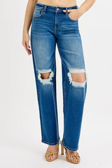RISEN Full Size Mid Waist Fit Boyfriend Knee Distressed Jeans Plus Size OutfitFlow