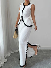 Contrast Scalloped Trim Sleeveless Top and Skirt Set OutfitFlow