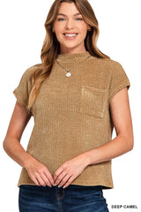 Zenana Chenille Waffle Short Sleeve Sweater DEEP CAMEL OutfitFlow