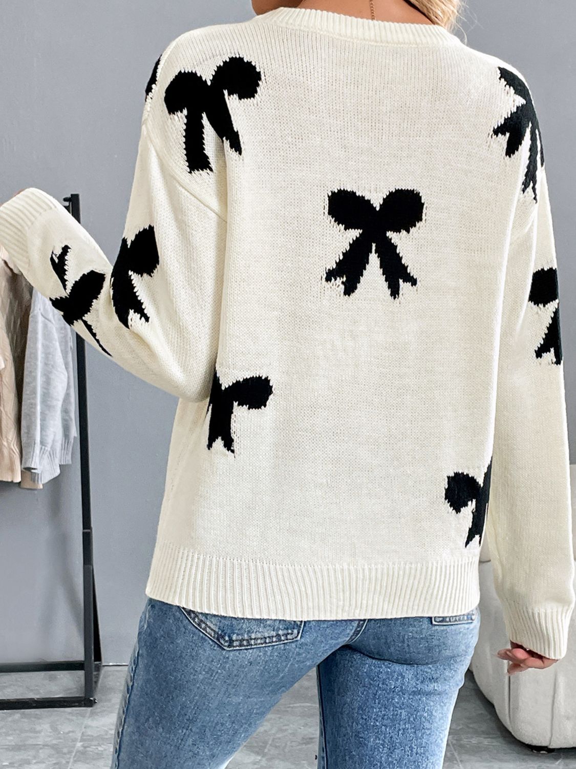 Outfit Flow - Perfee Bow Graphic Round Neck Long Sleeve Sweater