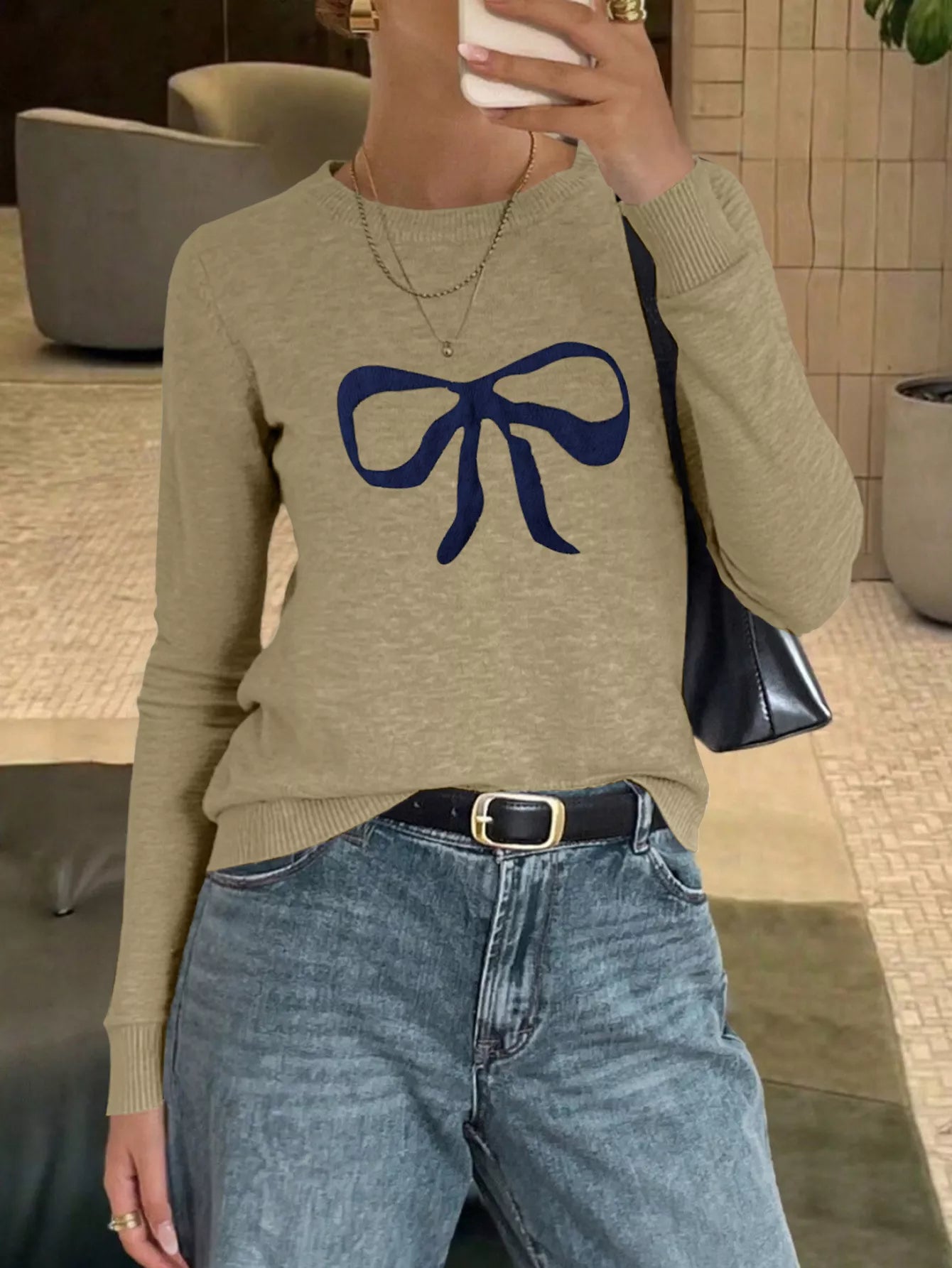 Bow Round Neck Knit Top OutfitFlow