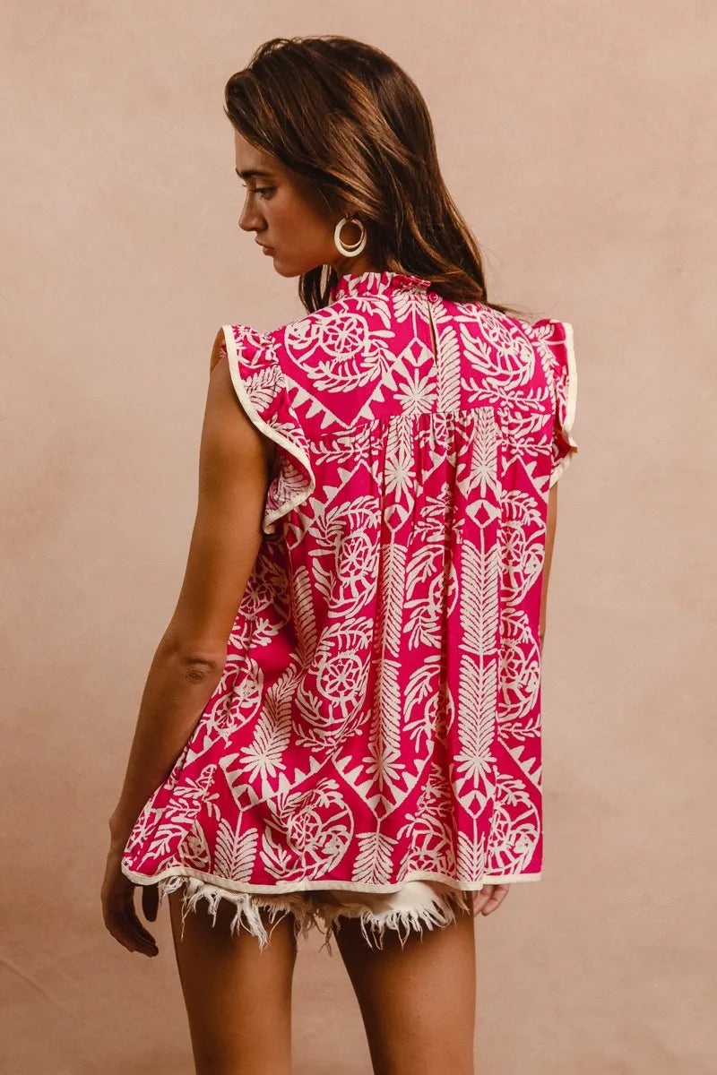 BiBi Printed Ruffle Sleeve Top OutfitFlow