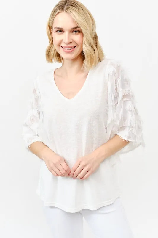 And The Why Feather Detailed 3/4 Sleeve Slub Top OutfitFlow