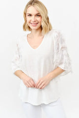And The Why Feather Detailed 3/4 Sleeve Slub Top OutfitFlow