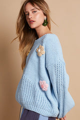 Outfit Flow - POL Crochet Flower Round Neck Dropped Shoulder Sweater