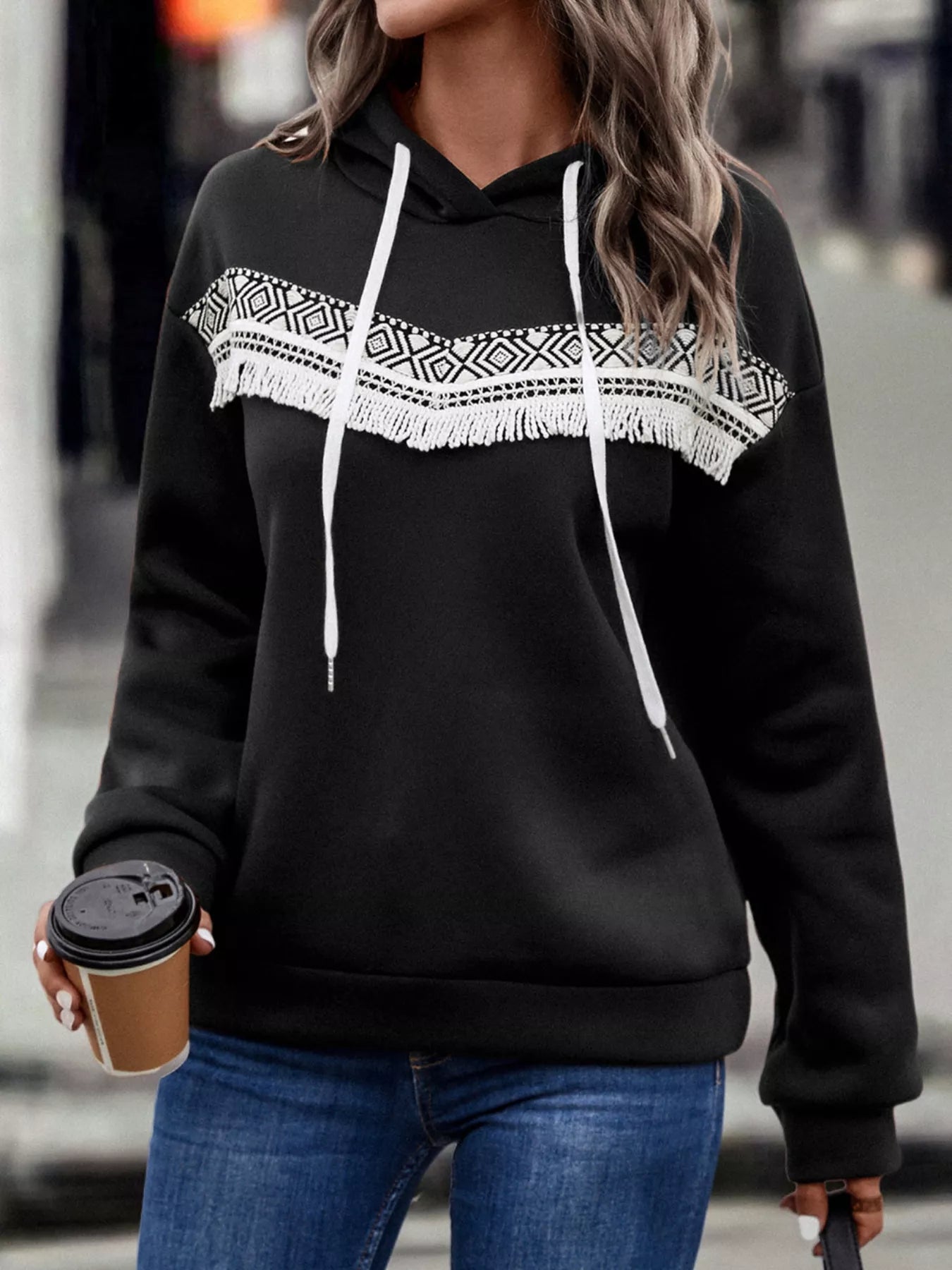 Fringe Detail Long Sleeve Drawstring Hoodie OutfitFlow