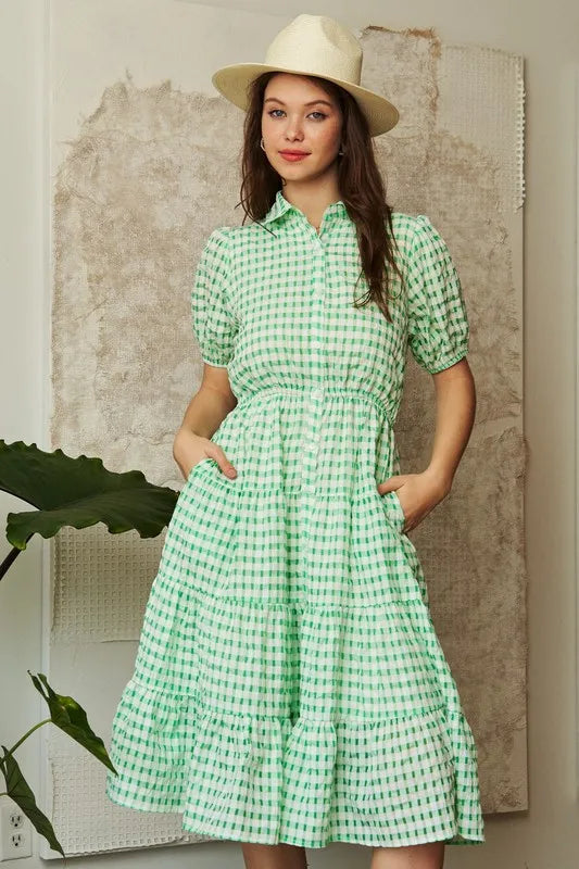 Davi & Dani Checkered Puff Sleeve Tiered Shirt Dress OutfitFlow