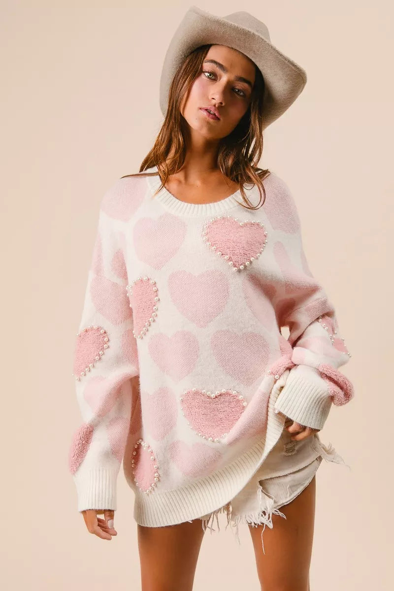 BiBi Heart Pattern Sweater with Pearl Detail OutfitFlow