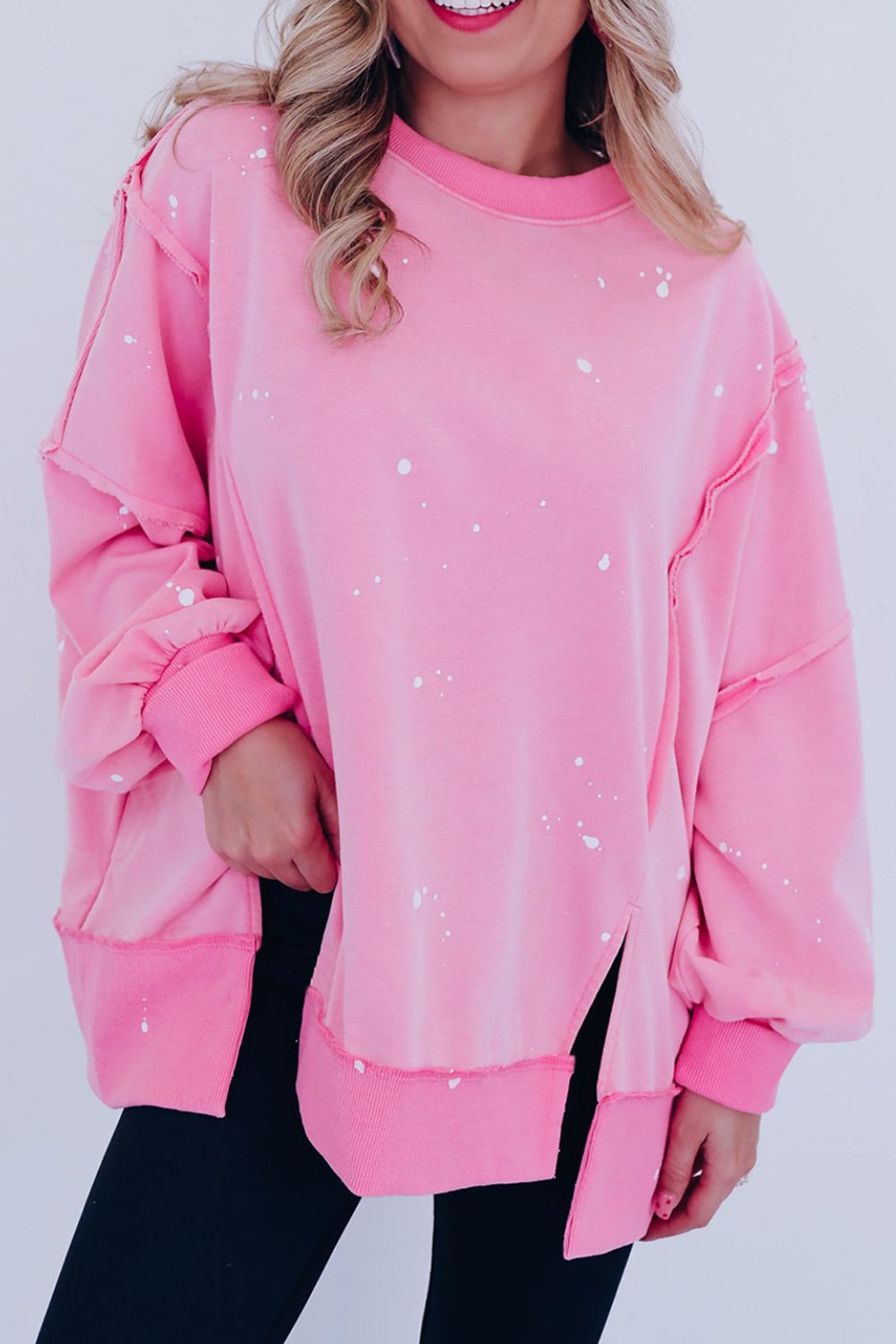 Outfit Flow - Exposed Seam Splatter Print Round Neck Sweatshirt