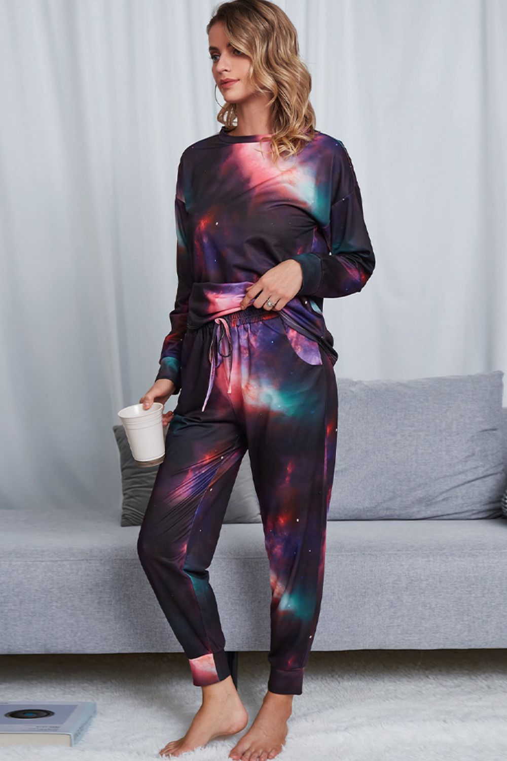 Outfit Flow - Shiny Tie-Dye Crewneck Top and Drawstring Waist Joggers Lounge Set