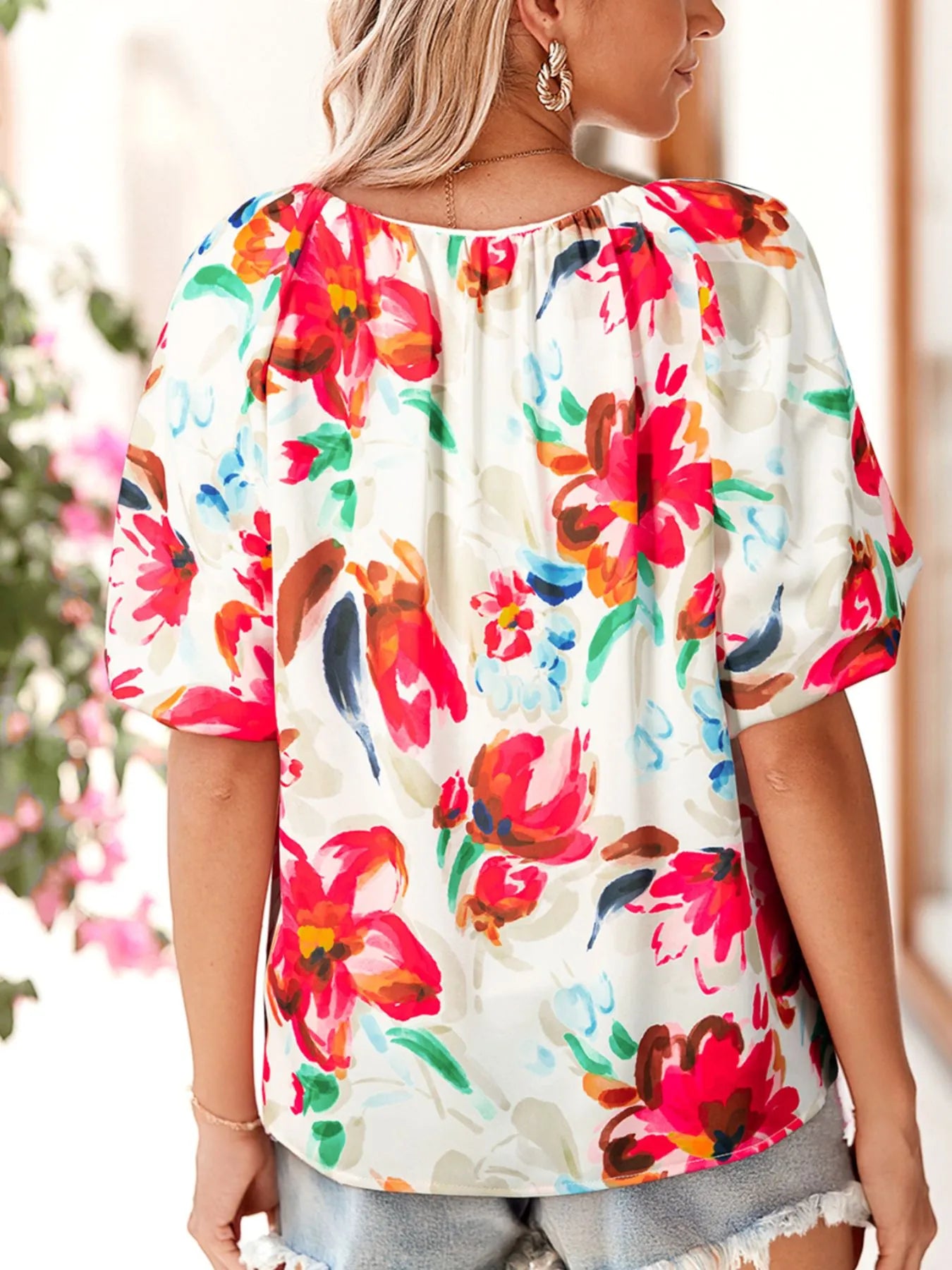 Floral Print Puffy Half Sleeve Blouse OutfitFlow