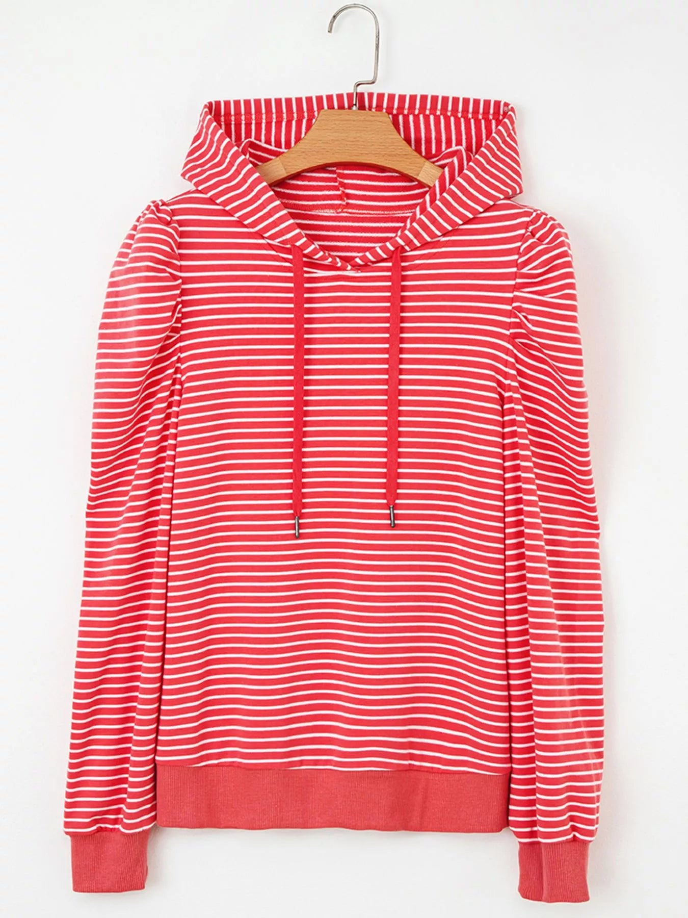 Striped Puff Sleeve Hoodie with Drawstring OutfitFlow