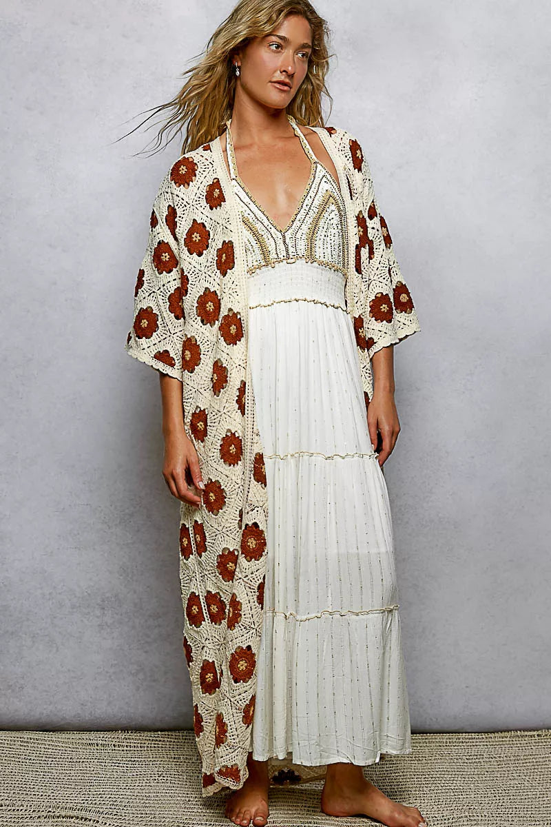 POL Open Front Floral Crochet Longline Cardigan NATURAL CHOCO One Size Trendsi