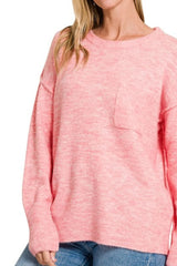 Zenana Melange Hi-low Hem Round Neck Sweater OutfitFlow