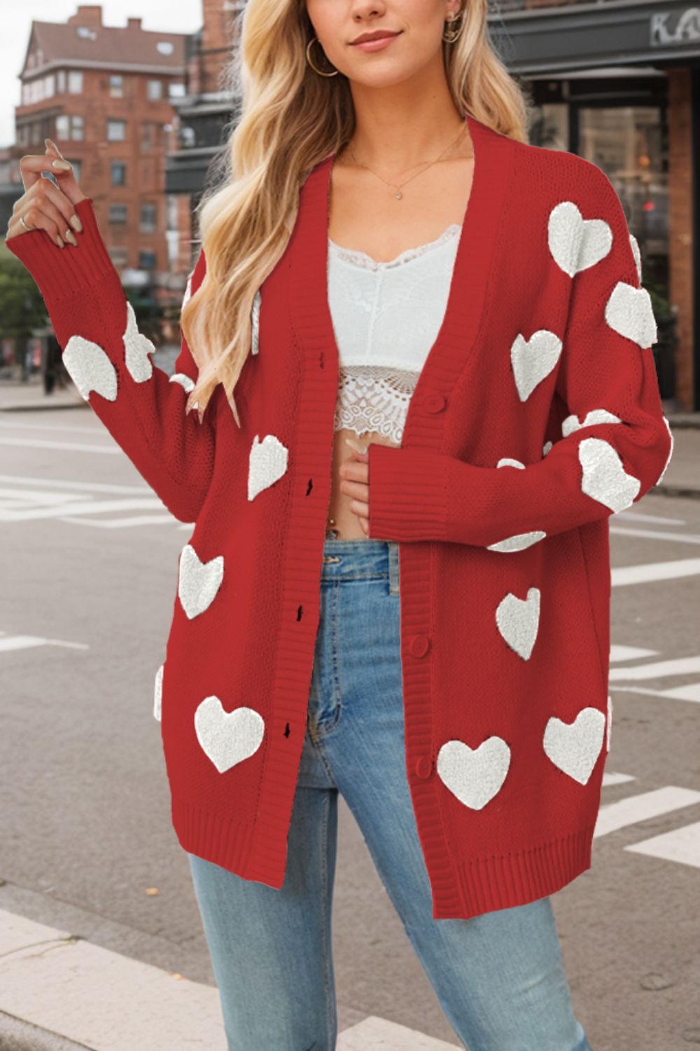 Outfit Flow - Heart Button Down Long Sleeve Cardigan