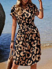 Leopard Notched Tie Waist Midi Dress OutfitFlow