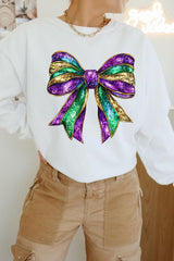 Bow Round Neck Long Sleeve Sweatshirt White OutfitFlow