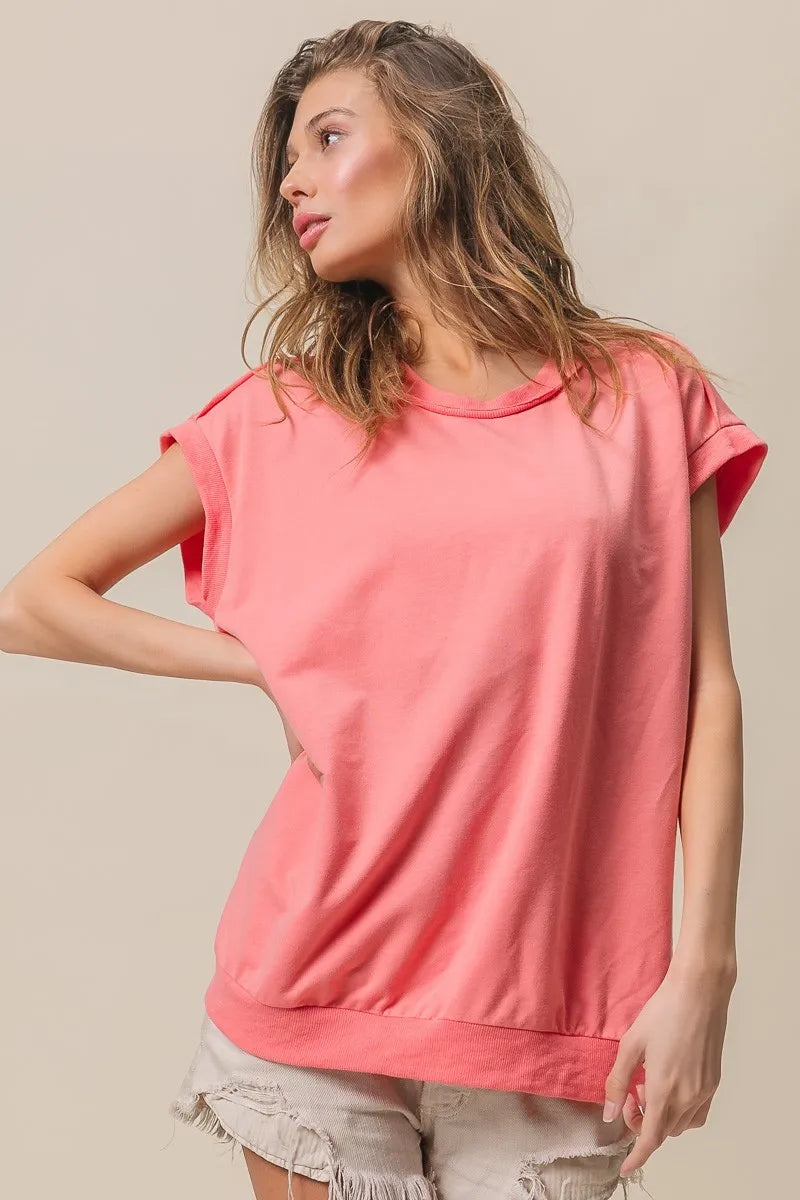 BiBi French Terry Drop Shoulder Basic Top OutfitFlow