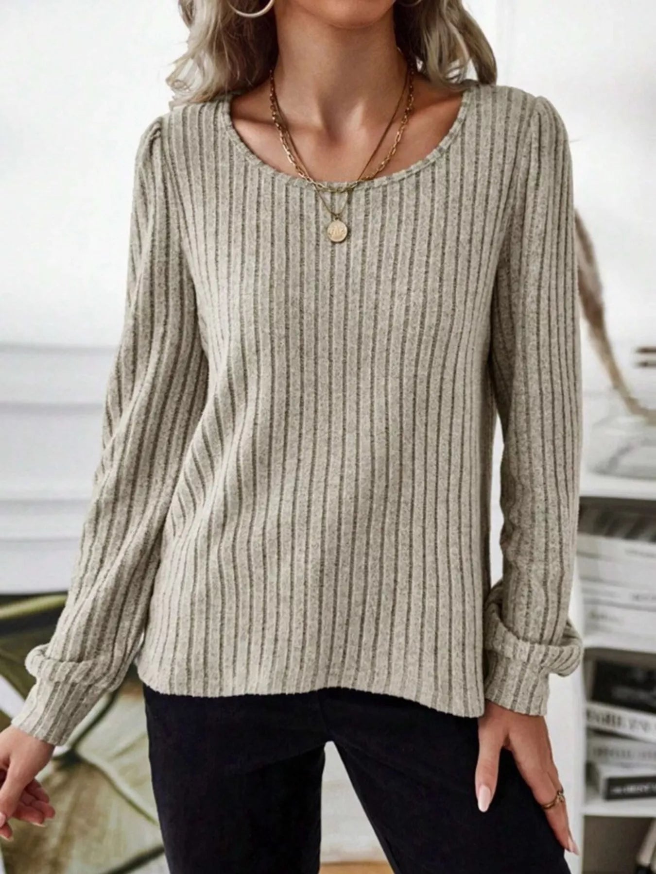 Ribbed Knit Long Sleeve T-Shirt OutfitFlow