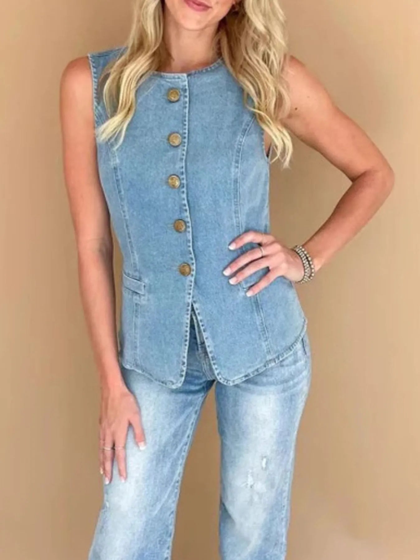 Sleeveless Button-Front Denim Vest OutfitFlow
