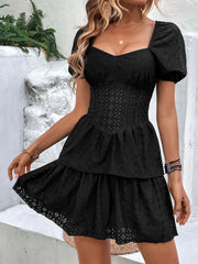 Layered Eyelet Short Sleeve Mini Dress OutfitFlow