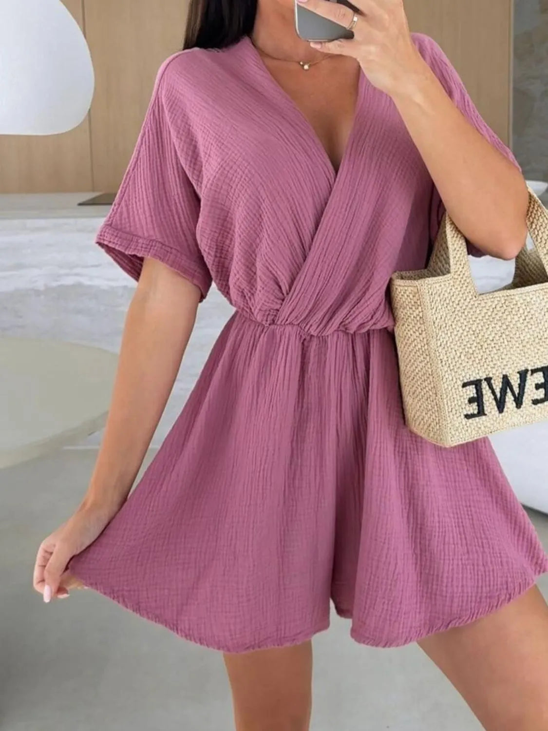 Surplice Half Sleeve Wrap Romper Pink OutfitFlow