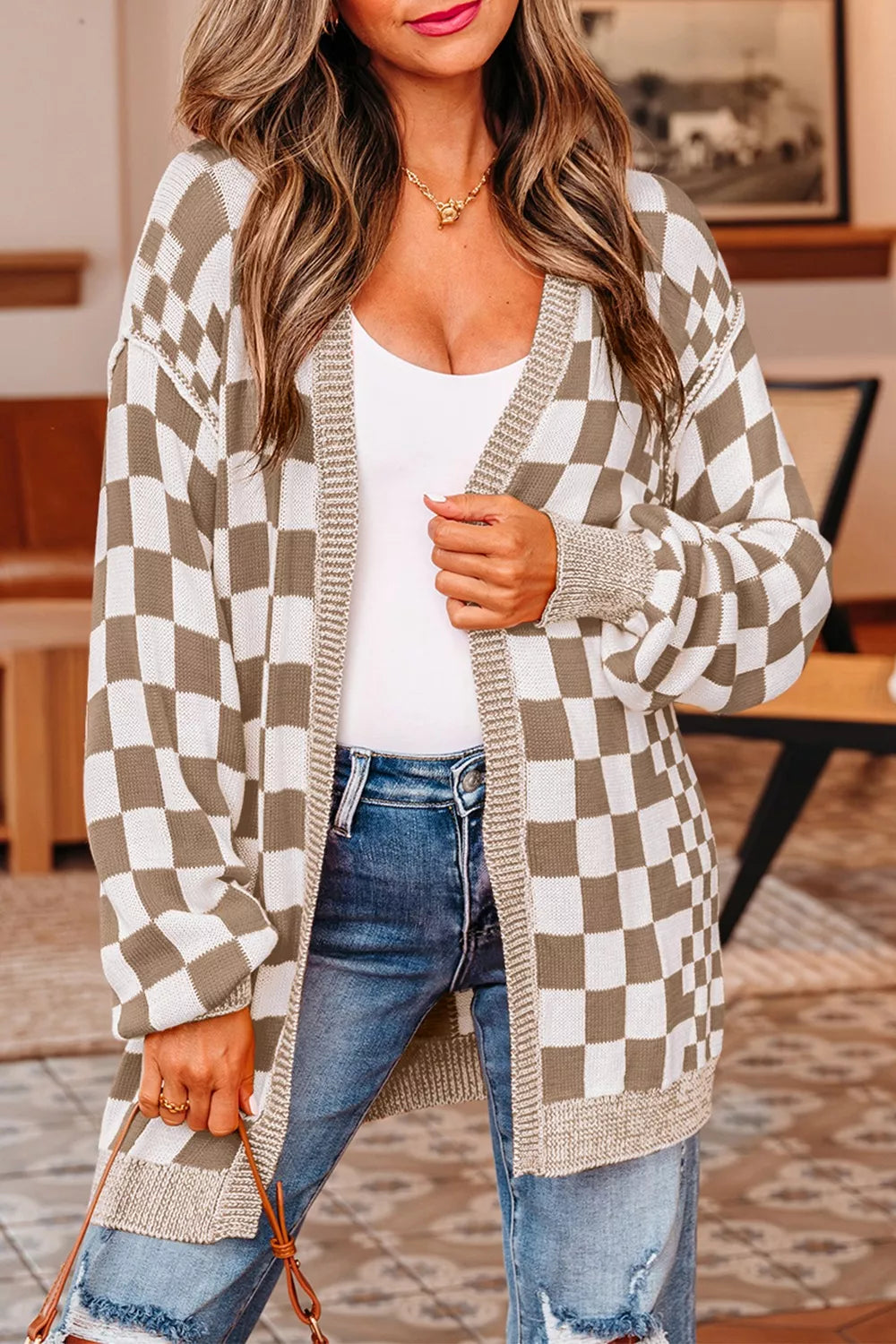 Checkerboard Print Open Front Knit Cardigan Mocha OutfitFlow