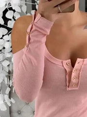 Cold Shoulder Ribbed Henley T-Shirt with Button Detail OutfitFlow