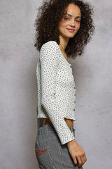 POL Button Down Polka Dot Ribbed Cardigan Trendsi