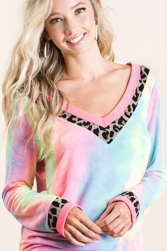 BiBi Tie Dye Terry V-Neck Top OutfitFlow