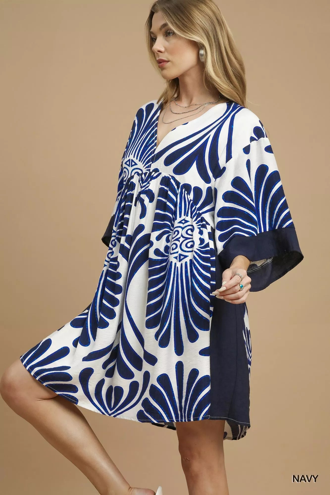Umgee Abstract Print Kimono Sleeve Mini Dress OutfitFlow