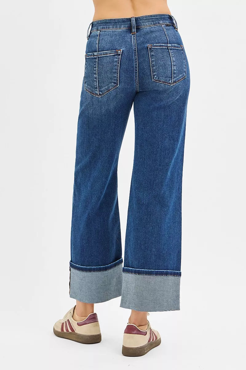 RISEN Full Size High Rise Crop Wide Straight Cuffed Jeans Plus Size OutfitFlow