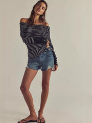 Striped Off-Shoulder Long Sleeve Knit Top OutfitFlow