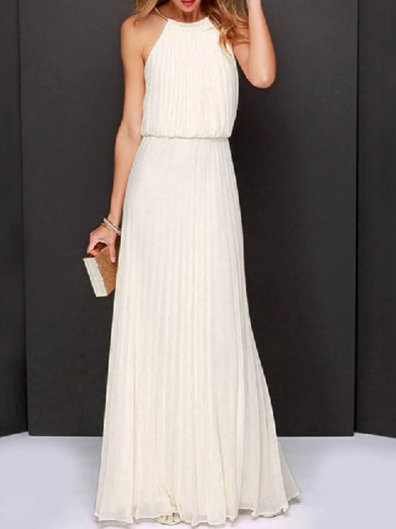Pleated Sleeveless Maxi Tank Dress Cream OutfitFlow