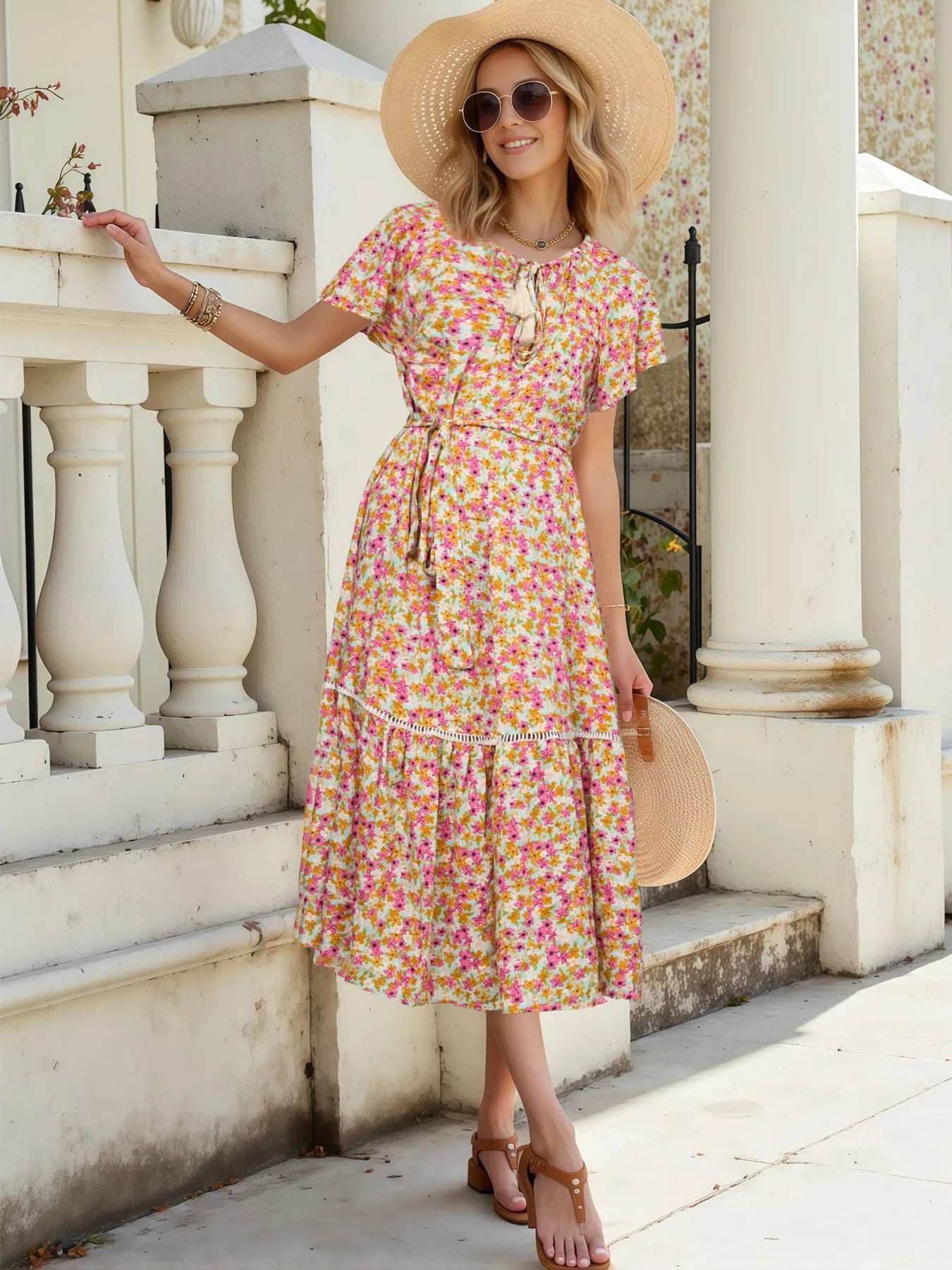 Floral Print Ruffle Hem Midi Dress OutfitFlow