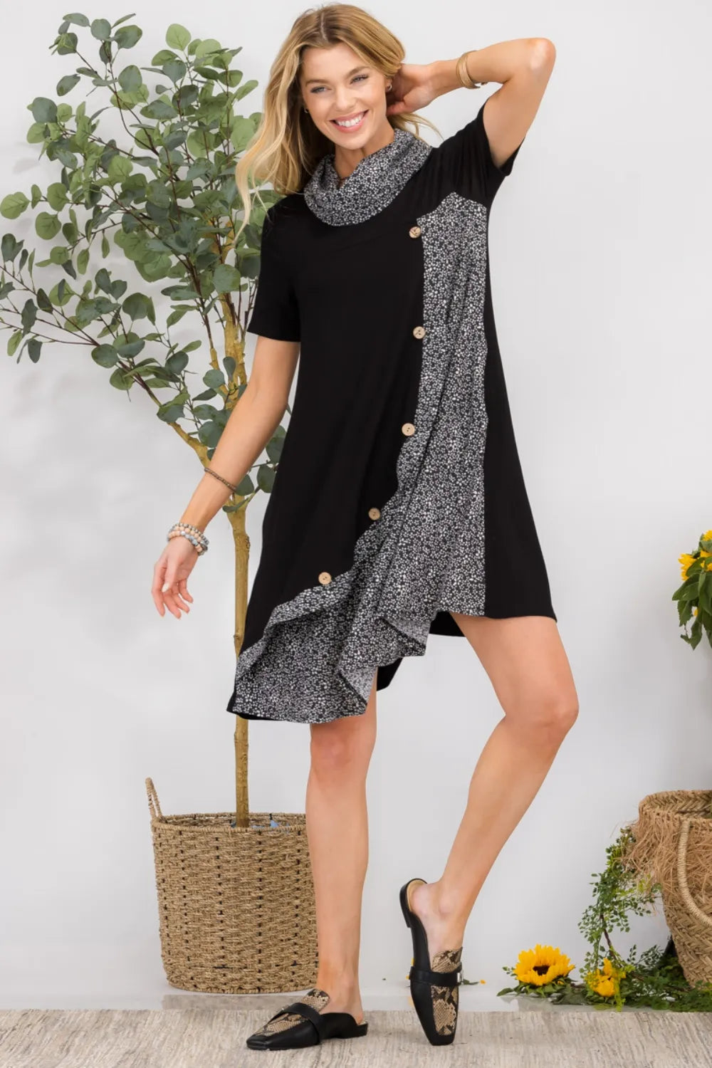 Celeste Full Size Decor Button Short Sleeve Dress with Pockets Plus Size OutfitFlow