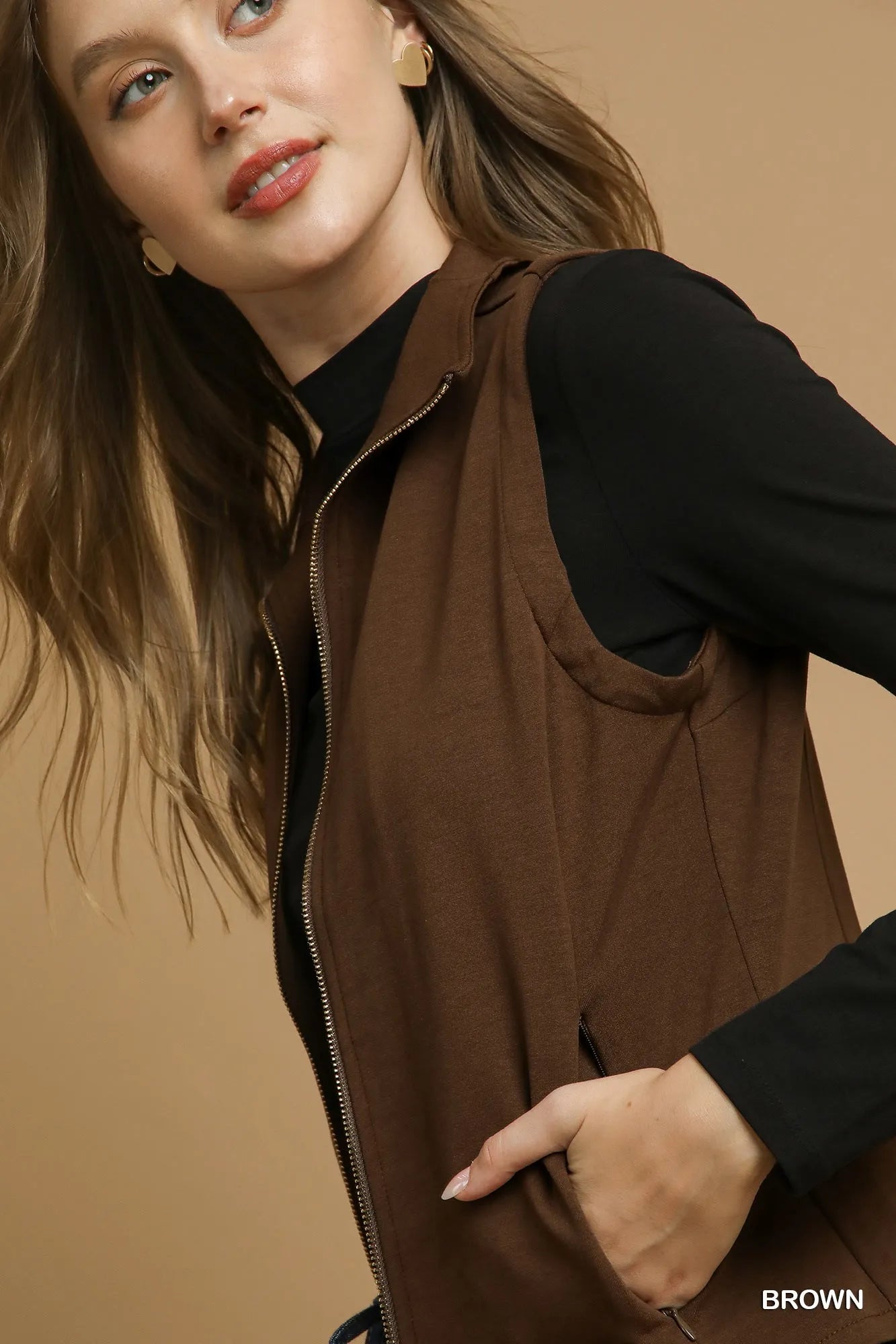 Umgee Zip-Front Fitted Vest with Pockets Trendsi