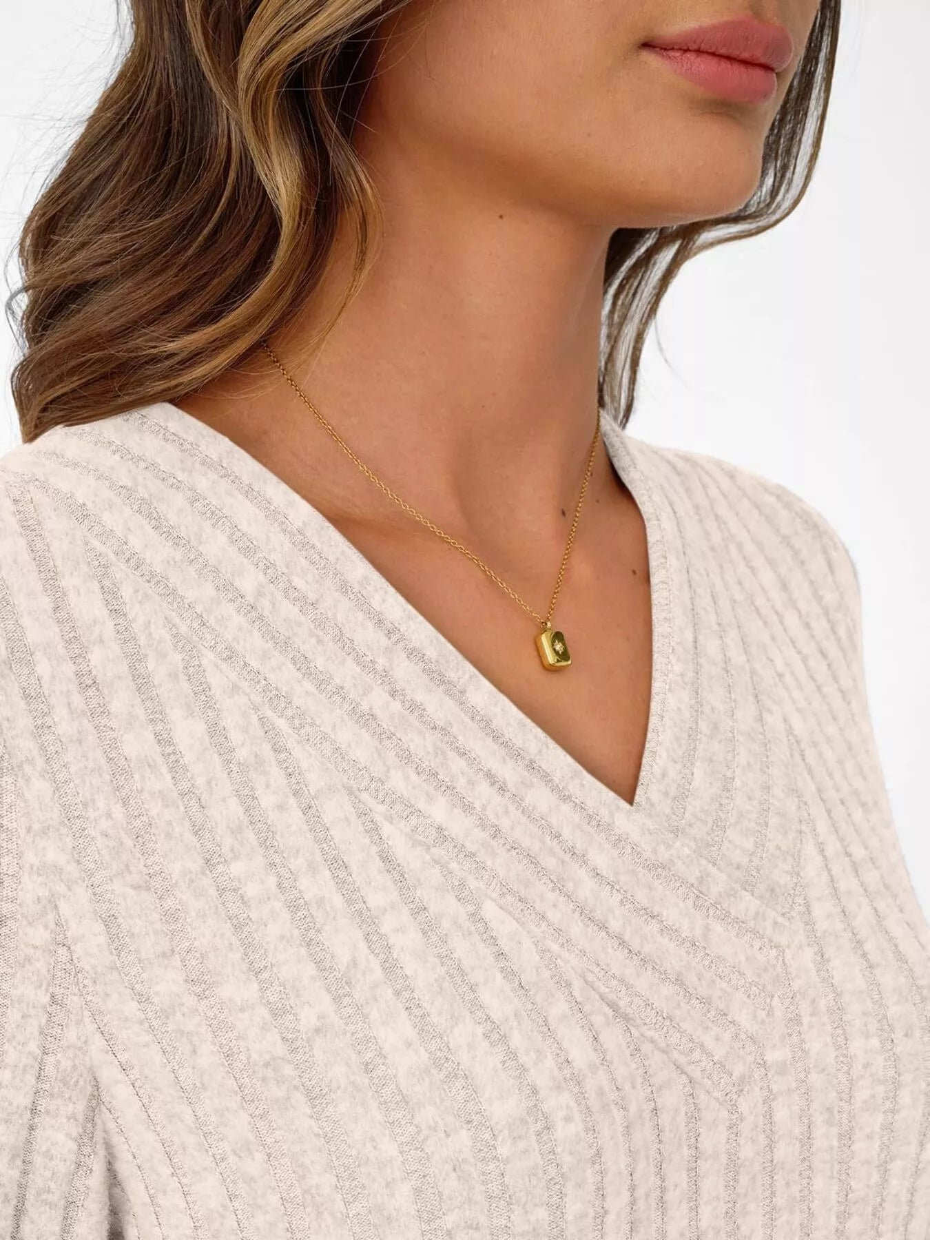 Ribbed Knit V-Neck Long Sleeve T-Shirt OutfitFlow