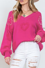 Outfit Flow - Pearl Trim Heart V-Neck Sweater