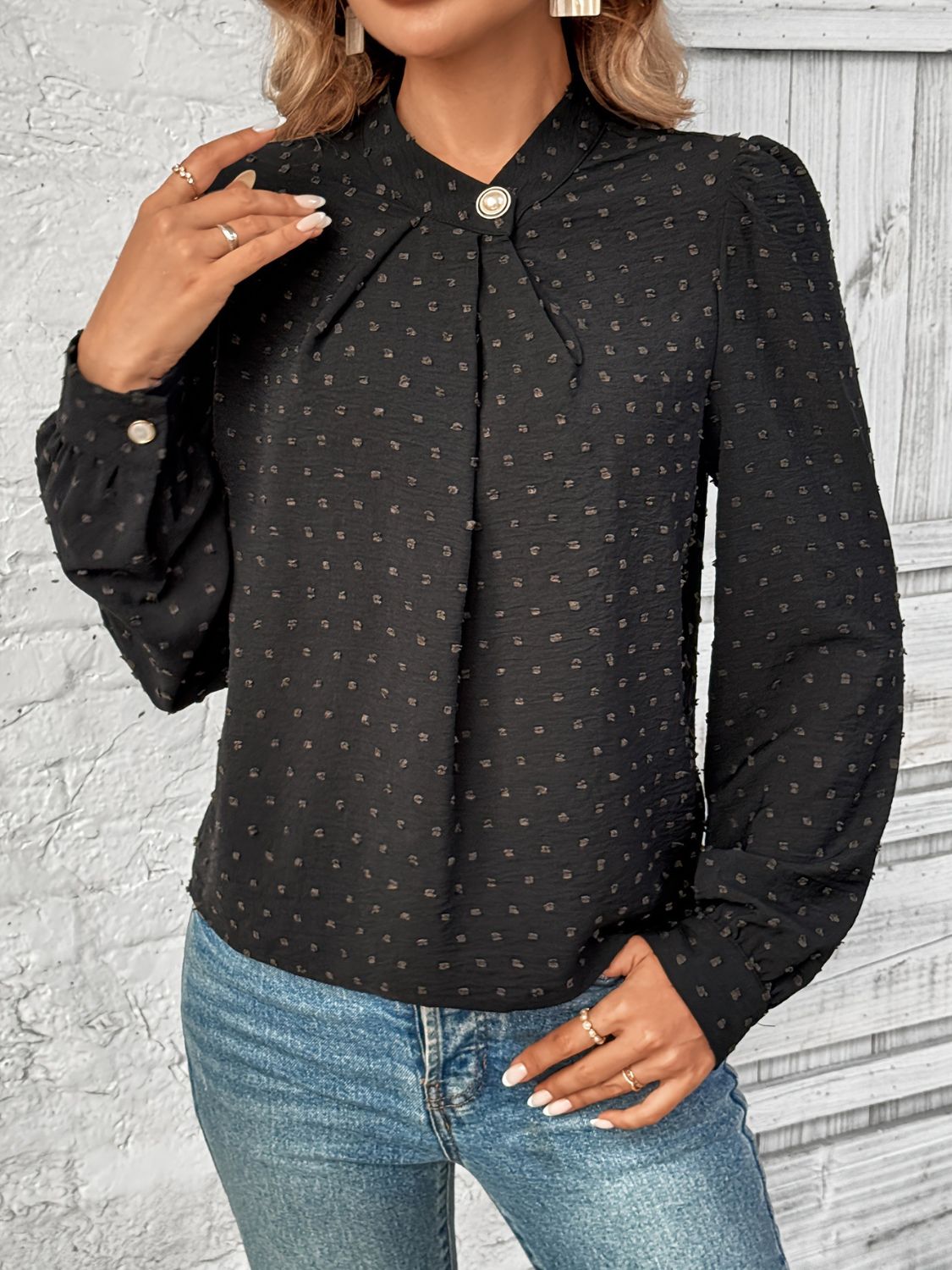 Outfit Flow - Swiss Dot Mock Neck Long Sleeve Blouse