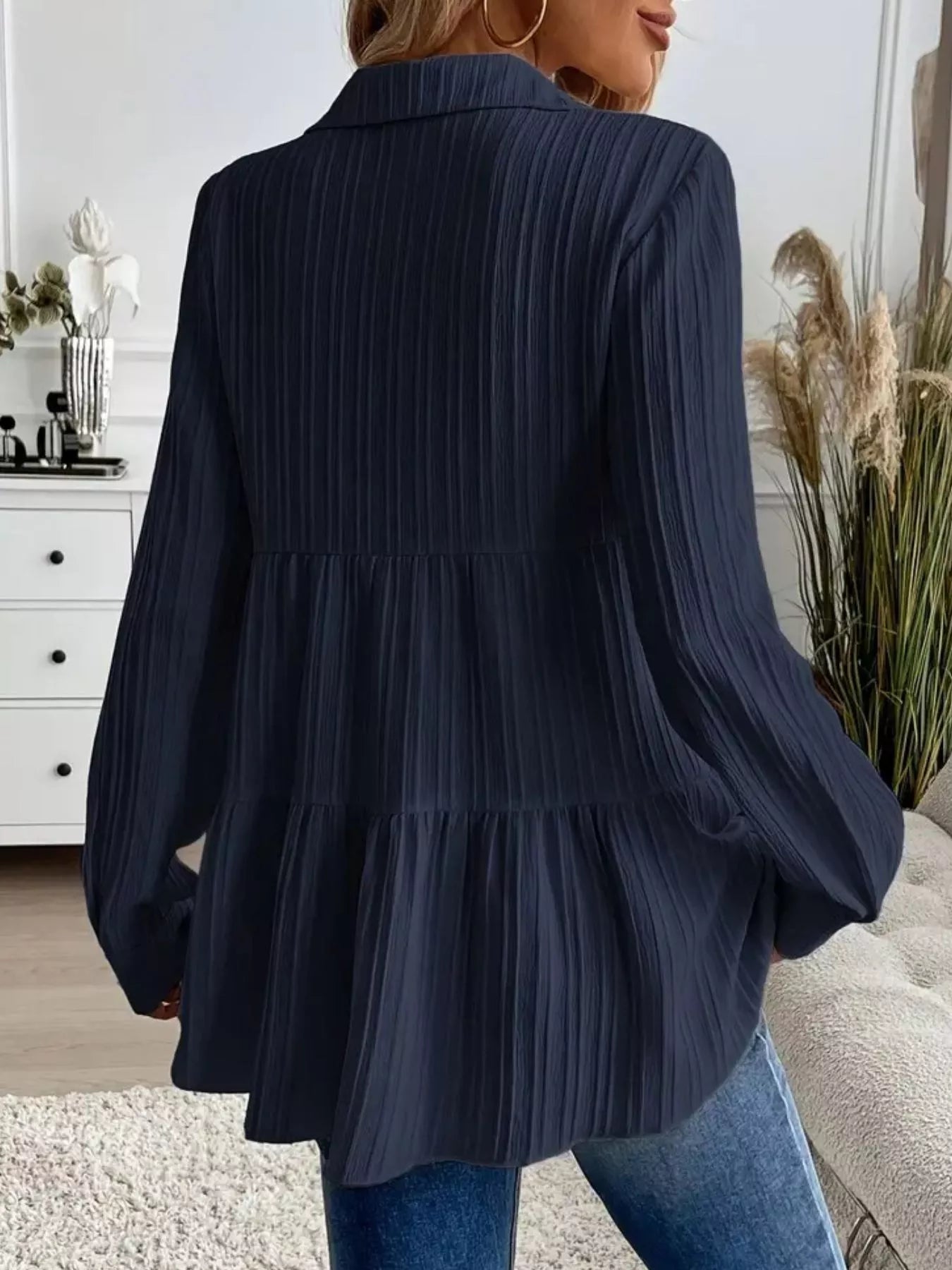 Button-Down Long Sleeve Tiered Shirt OutfitFlow