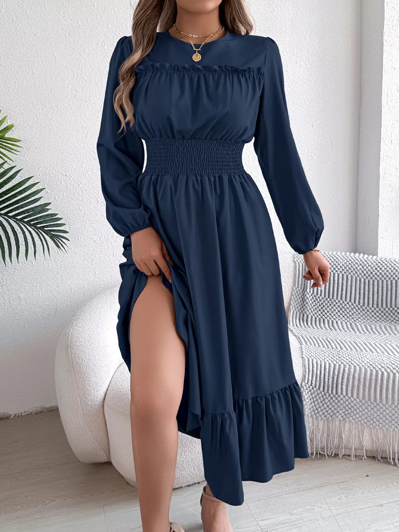 Round Neck Balloon Sleeve Tiered Dress OutfitFlow