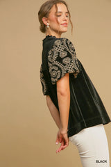 Umgee Full Size Velvet Embroidered Sleeve Blouse Plus Size OutfitFlow