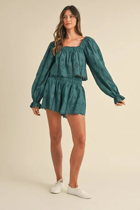 MABLE Embroidered Scalloped Lace Top and Short Set OutfitFlow