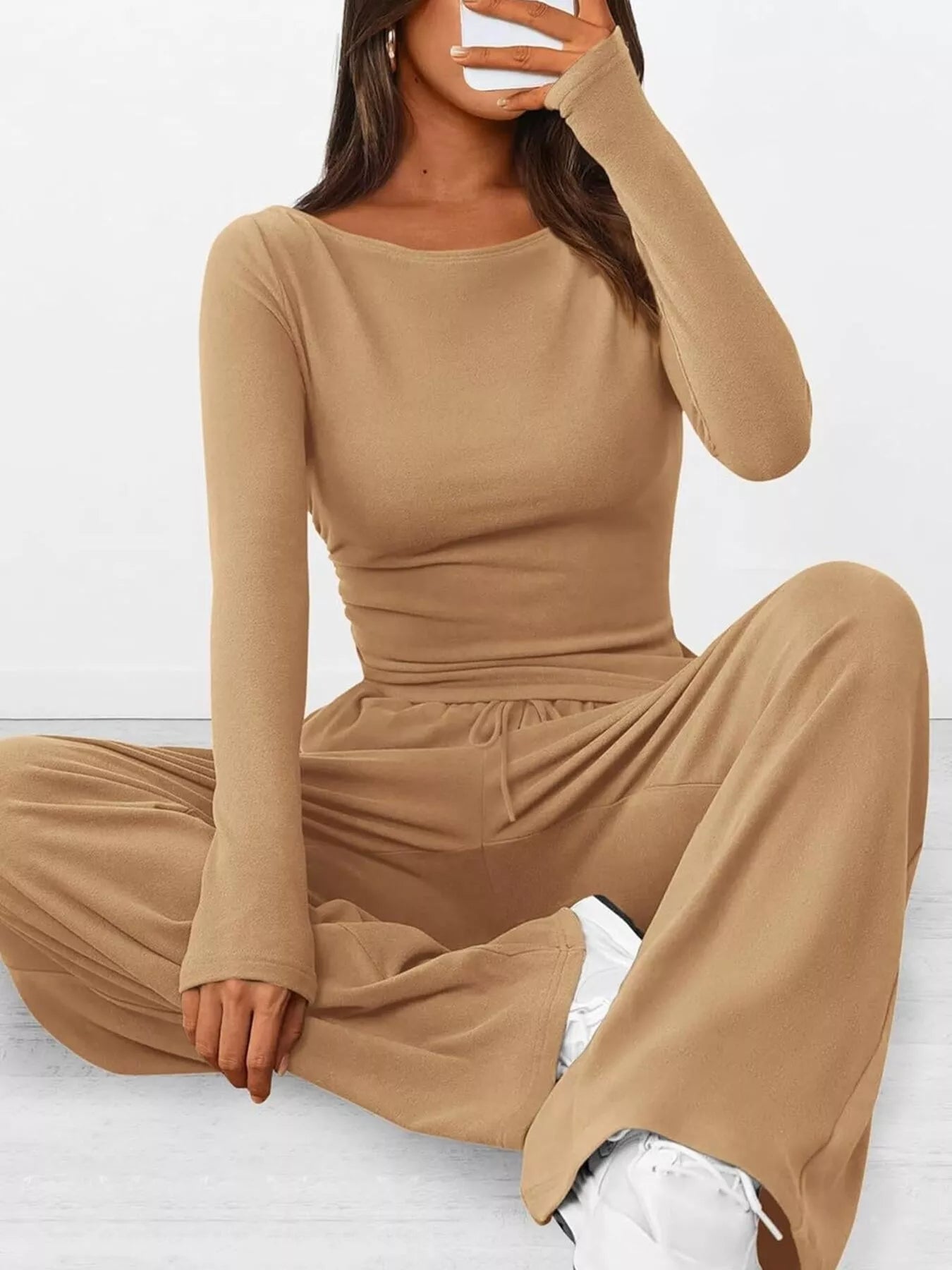 Long Sleeve Top and Wide Leg Pants Set OutfitFlow